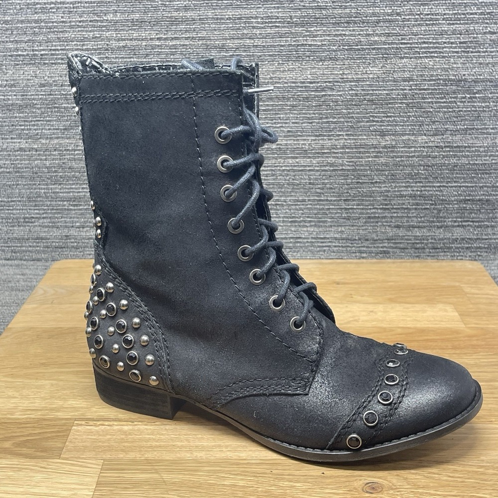 Gianni Bini Boots Women 8.5 M Black Distressed Leather Studded Biker Goth Lace - Picture 14 of 14